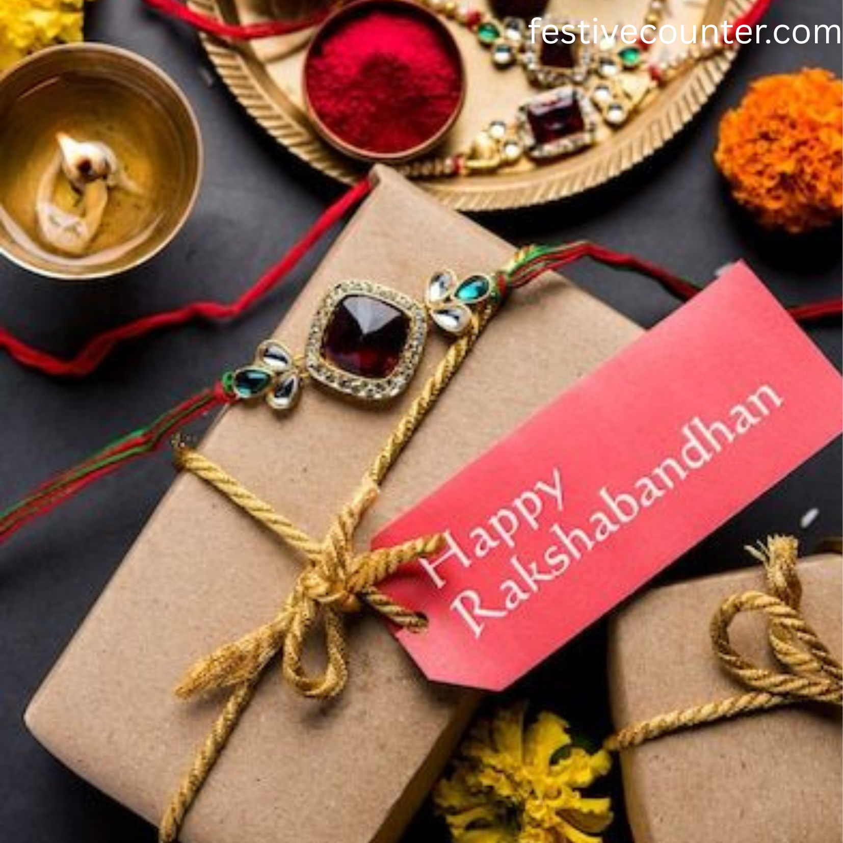 Traditional Raksha Bandhan Gift with Rakhi and Festive Decor A Raksha Bandhan gift wrapped in brown paper with a golden ribbon, adorned with a decorative Rakhi and a red "Happy Rakshabandhan" tag, placed beside a traditional pooja thali, marigold flowers, and a lit diya.