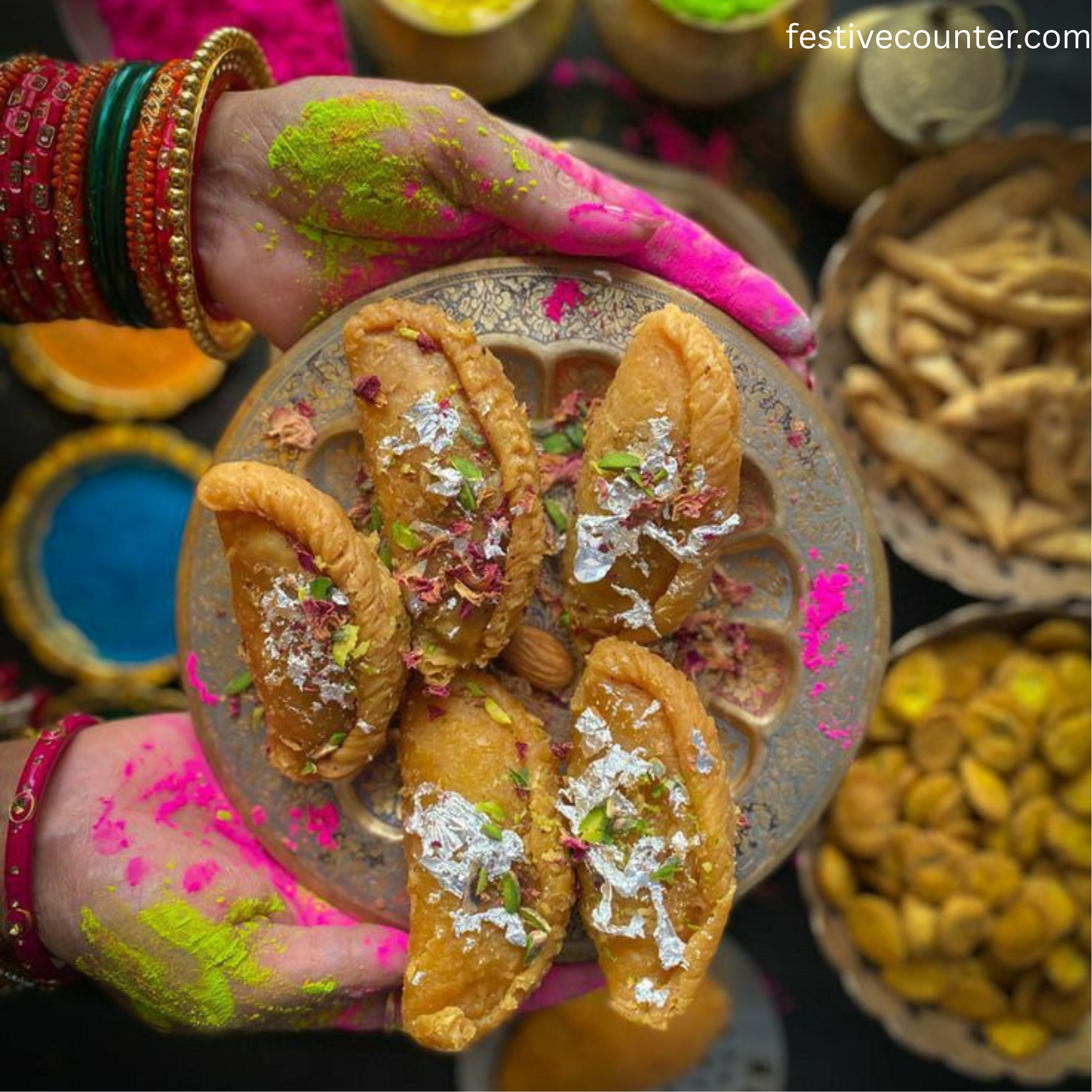 G“Delicious Holi Foods – A Festival of Flavors” Holi sweets like gujiya and a glass of thandai on a festive table.”