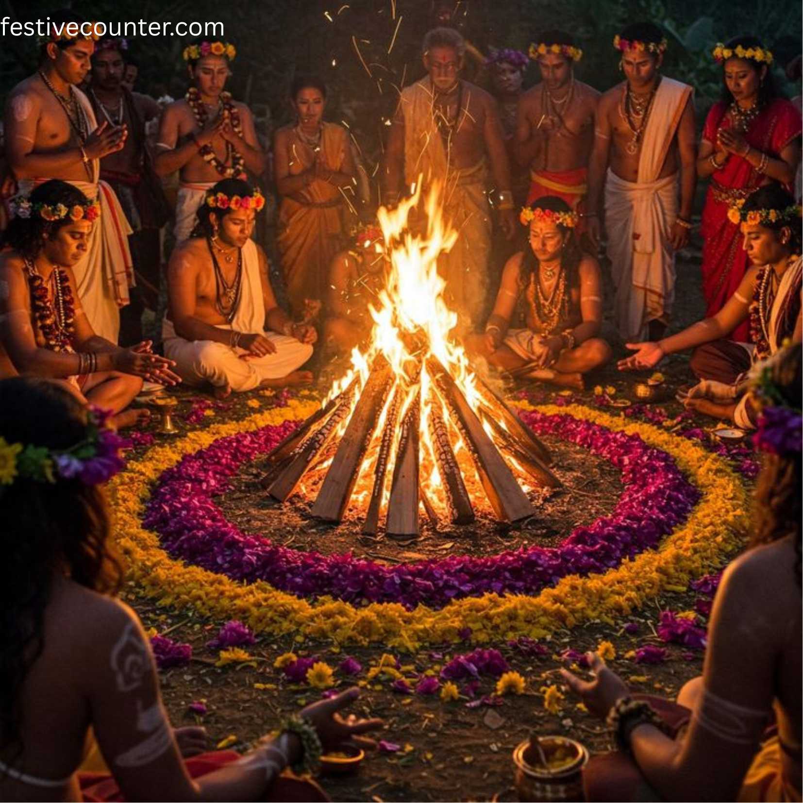 Diwali Night Bonfire Celebration People celebrating Diwali around a bonfire with sparklers, traditional attire, and fireworks in the background