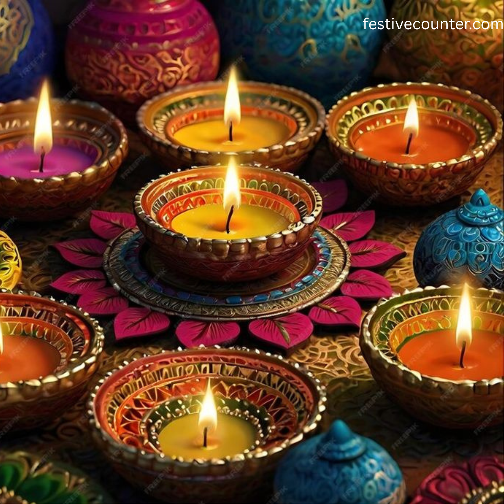 Diwali Celebration with Numerous Lit Diyas Multiple traditional oil diyas lit and arranged in patterns for Diwali celebration with marigold flowers and rangoli
