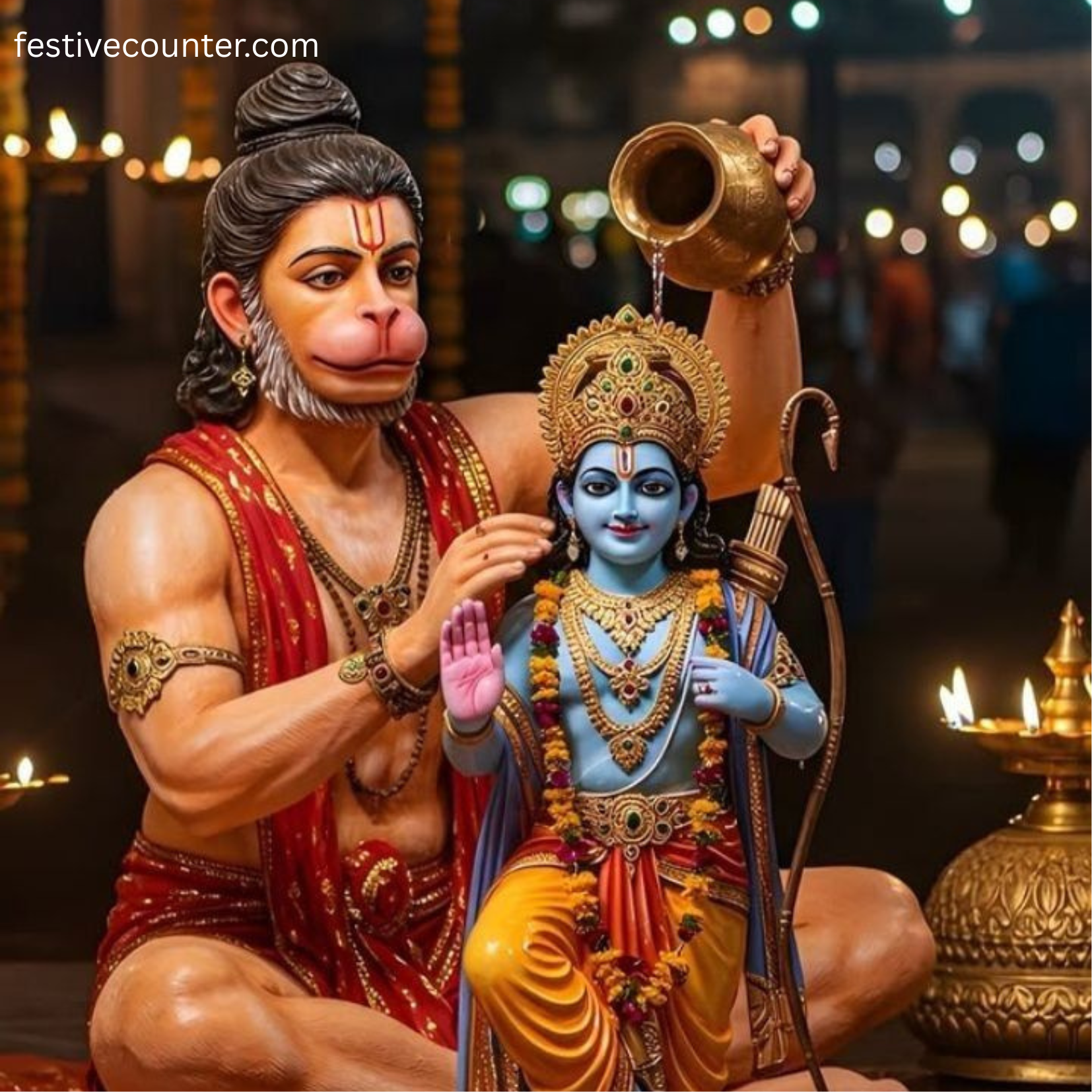 Lord Hanuman - The Mighty Devotee of Lord Rama Image of Lord Hanuman holding a mace, symbolizing strength and devotion, adorned with traditional ornaments and a serene expression.