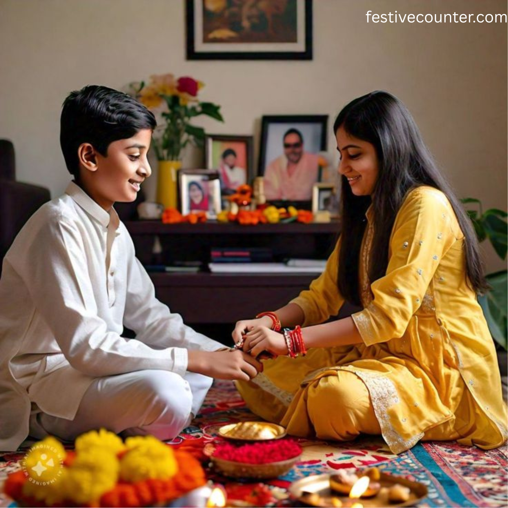 Sister Tying Rakhi to Brother on Raksha Bandhan A sister tying a Rakhi on her smiling brother’s wrist during Raksha Bandhan, with festive decorations, marigold flowers, and family portraits in the background.</p>
<p>