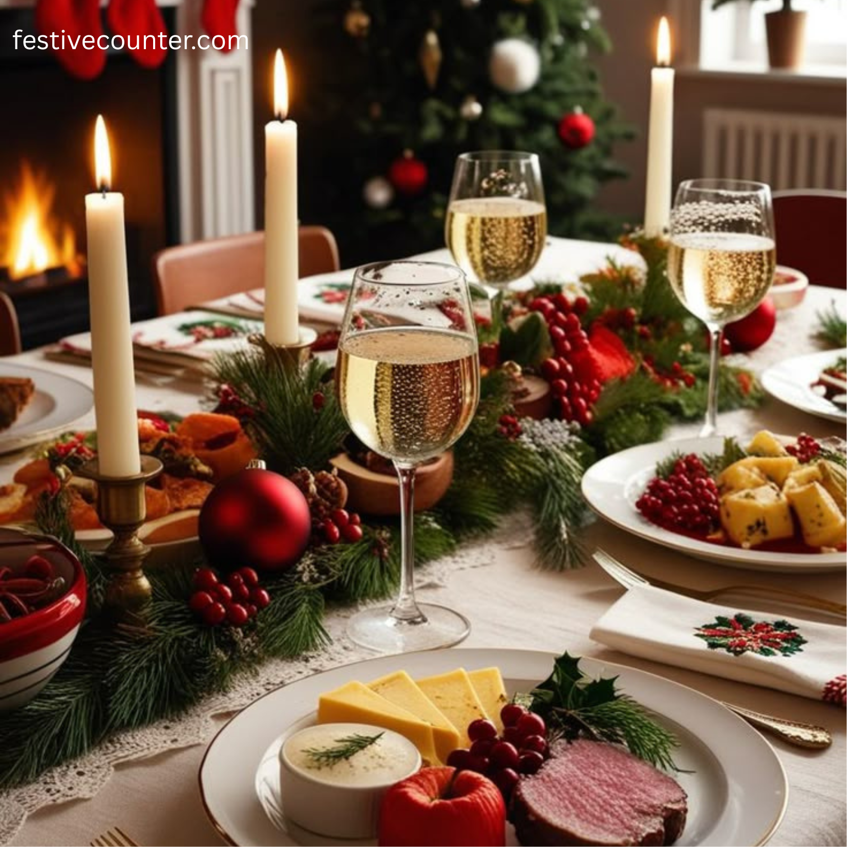 "Elegant Christmas Dinner Table Setup with Festive Decor" "Christmas dinner table beautifully decorated with candles, red and gold ornaments, festive dinnerware, and a holiday centerpiece"</p>
<p>