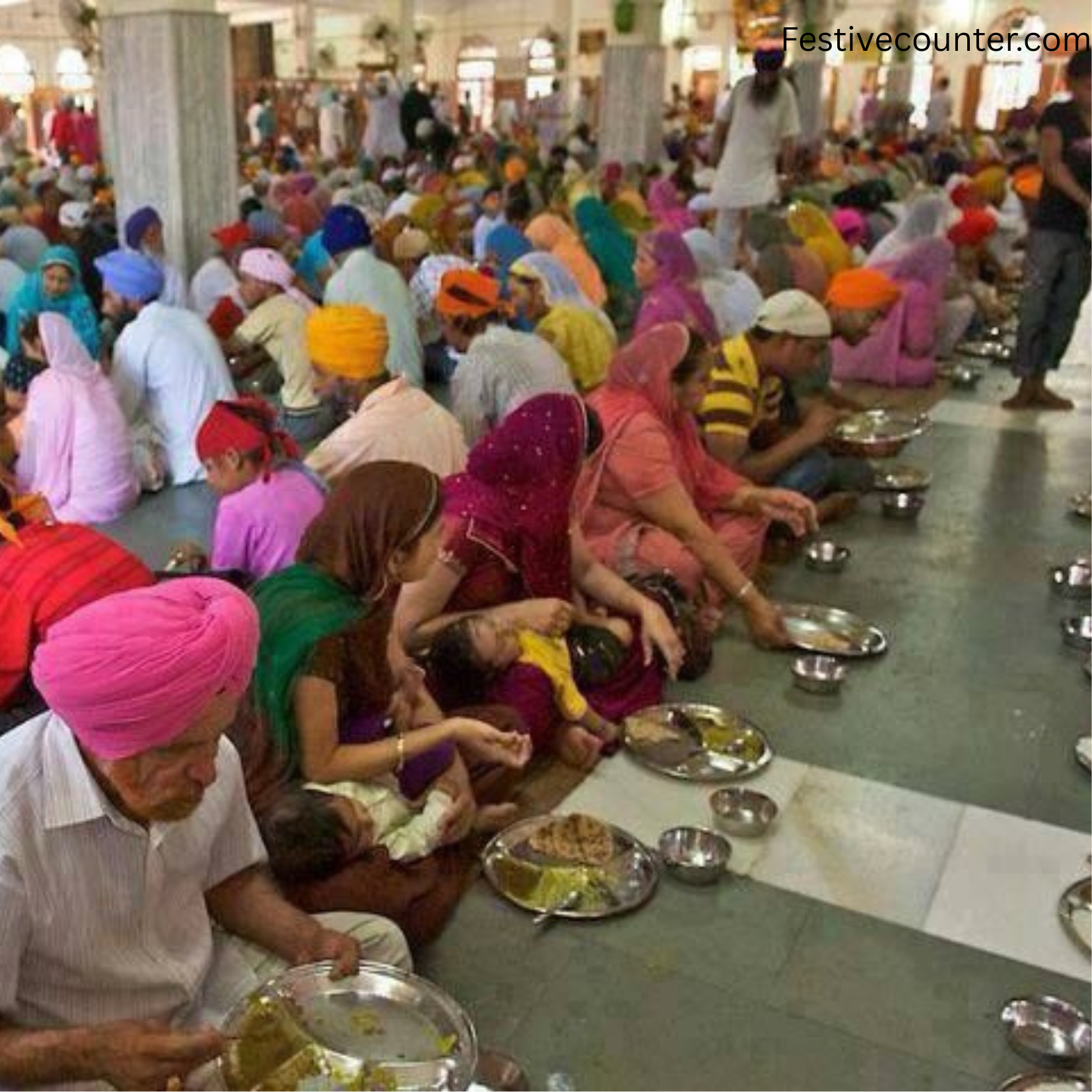 People Sharing Langar in a Gurdwara People seated on the floor inside a gurdwara eating langar together, symbolizing community and equality.