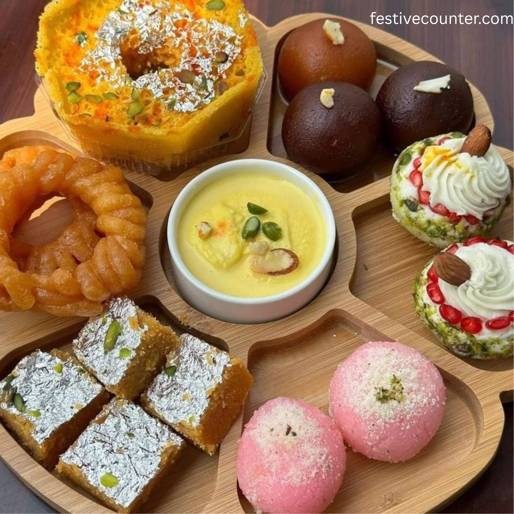 Traditional Diwali Food Plate with Sweets and Snacks Diwali thali with Indian sweets like ladoo, barfi, jalebi, and savory snacks like samosa, kachori, and chakli, decorated with marigold flowers