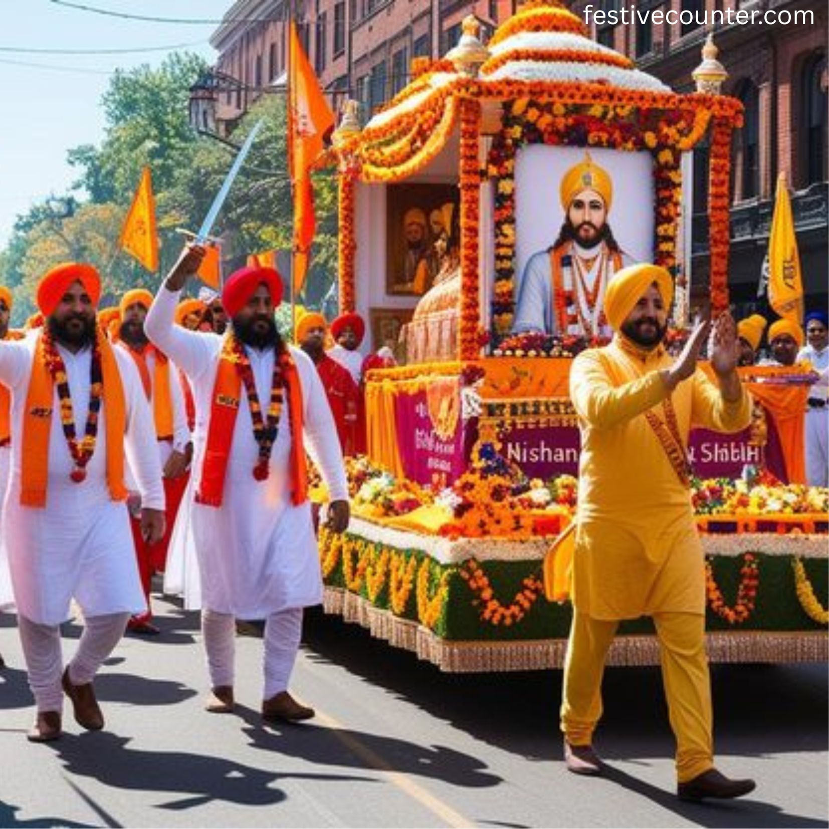 Guru Granth Sahib Procession during Nagar Kirtan on Gurpurab Sikhs carrying the Guru Granth Sahib on a decorated trolley during Nagar Kirtan procession on Guru Nanak Jayanti