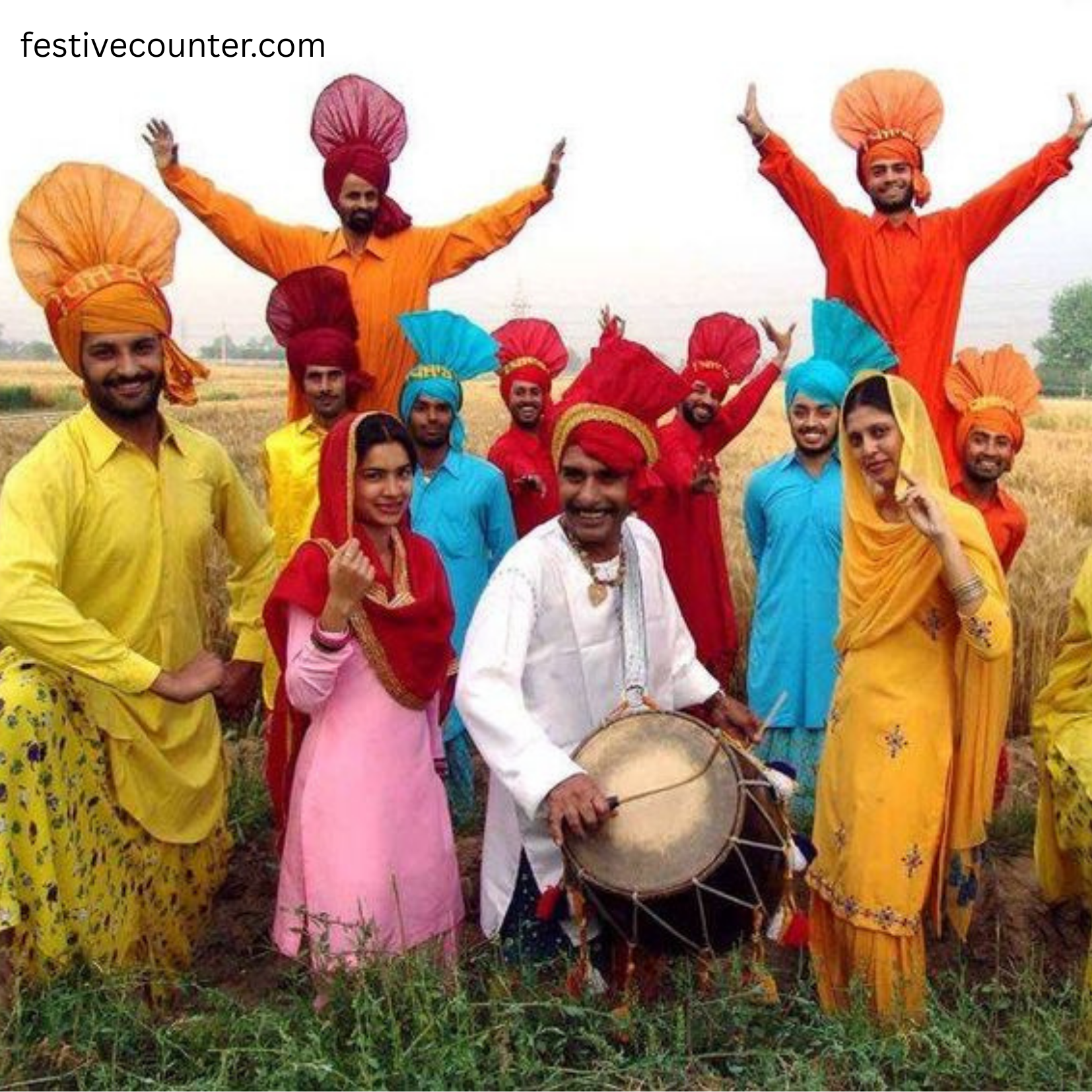 Baisakhi Celebration with Punjabi Dance and Dhol in Open Field People in vibrant Punjabi clothes dancing joyfully in a field during daytime, with a man playing the traditional dhol drum