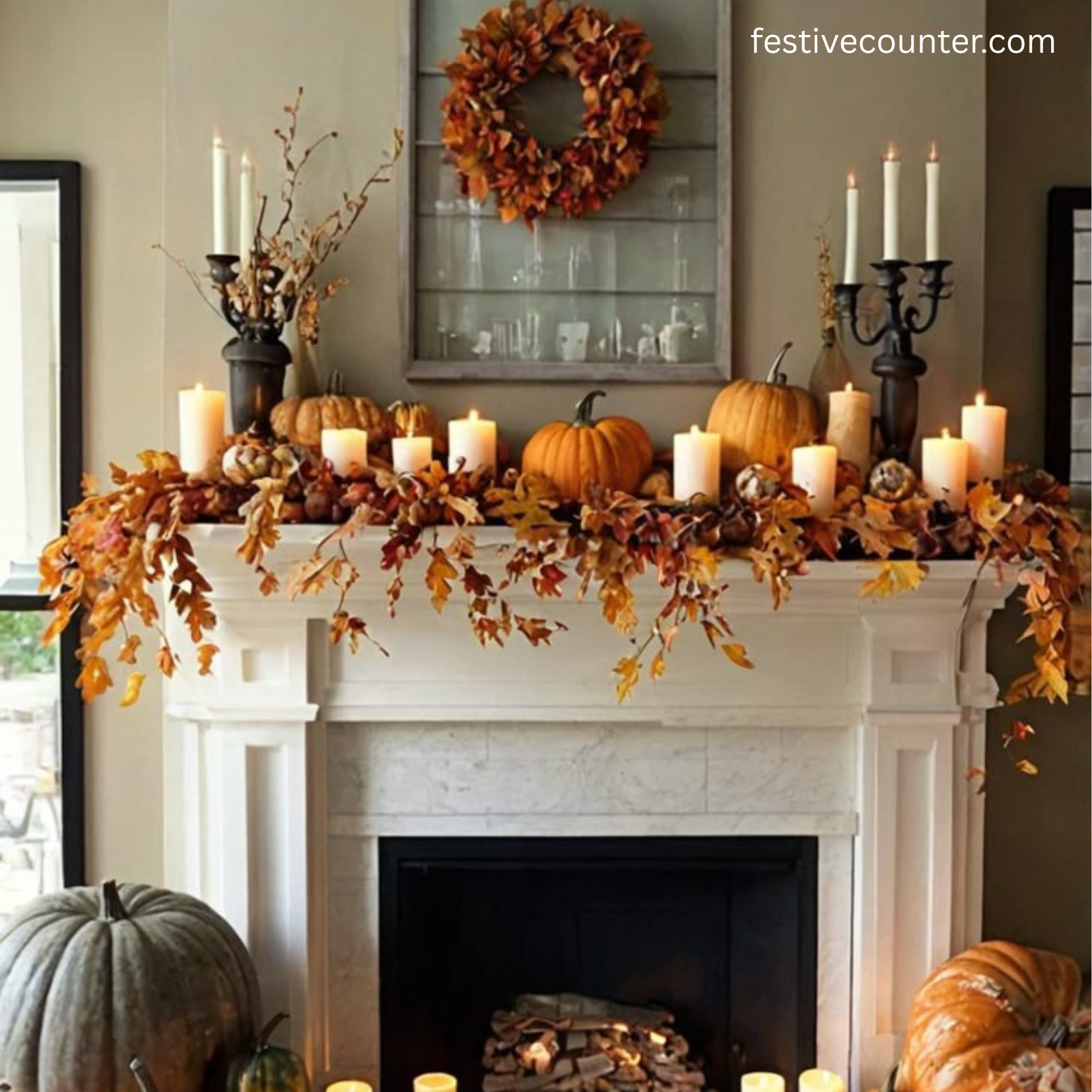 Thanksgiving Pumpkin and Fall Decor A close-up of pumpkins, leaves, and fall-themed decorations for Thanksgiving.