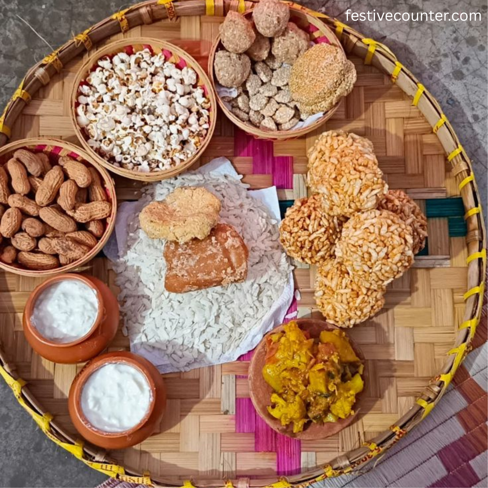 Traditional Punjabi Sweets for Lohri Festival Celebration A festive plate filled with traditional Punjabi sweets like laddu, pinni, gajak, and rewri served during the Lohri festival.