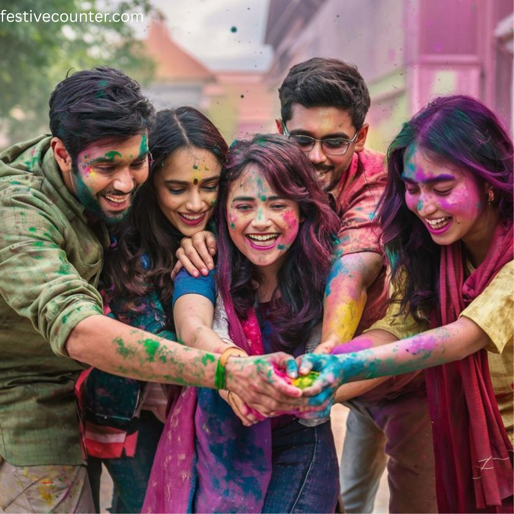Vibrant Holi Celebration with Hundreds of People Playing with Colors A large crowd of people joyfully celebrating Holi by throwing colorful powders in the air, with smiling faces, festive clothing, and clouds of vibrant colors all around.