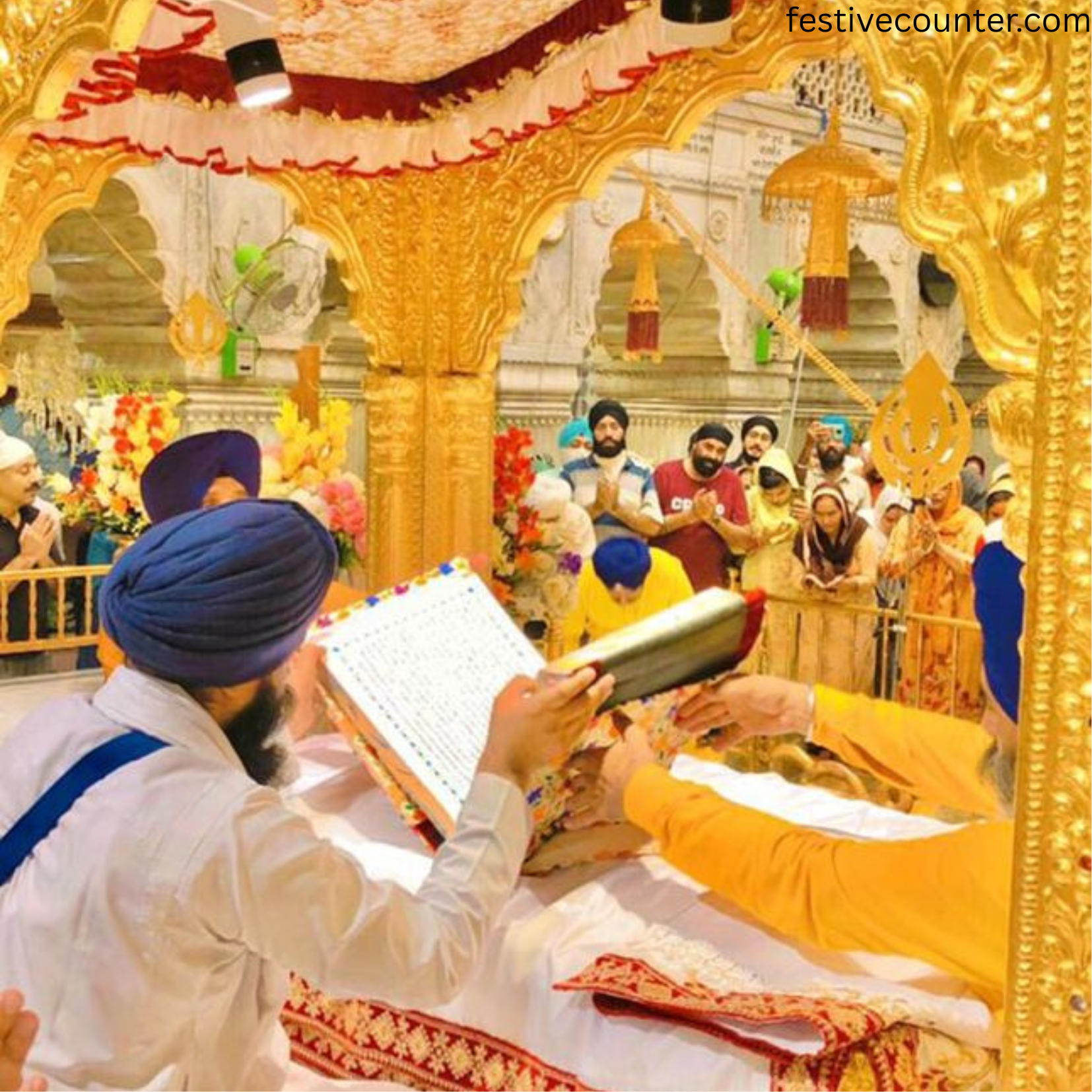 Sikh Devotee Reading Holy Scripture near Guru Nanak Dev Ji Memorial A Sikh man reading a holy book near the memorial site of Guru Nanak Dev Ji during Gurpurab