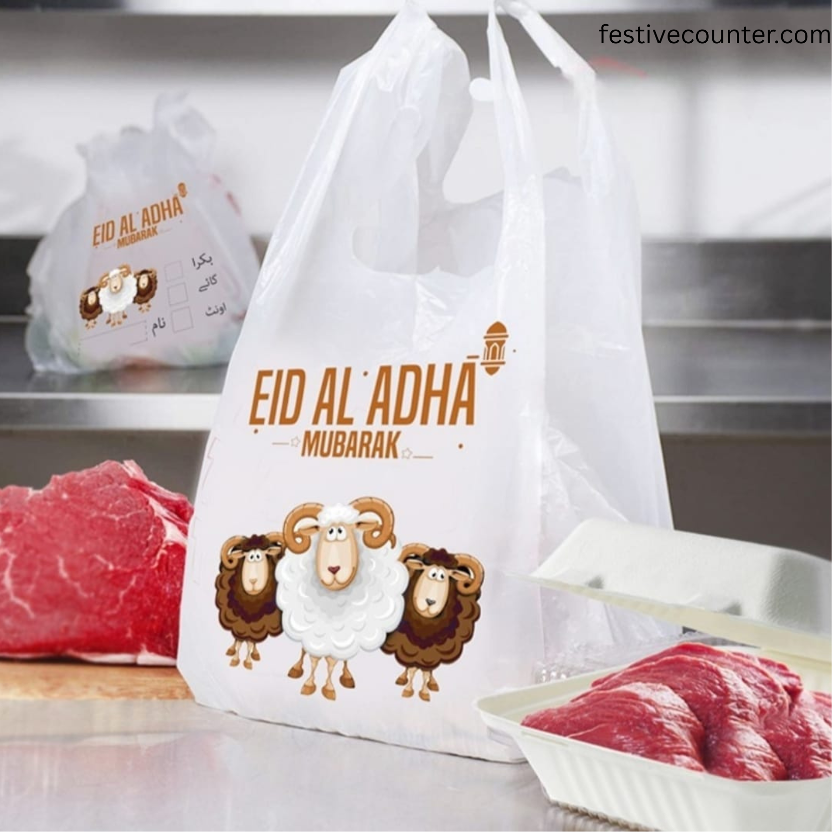 Muslims distributing Qurbani meat in plastic bags to neighbors and the underprivileged