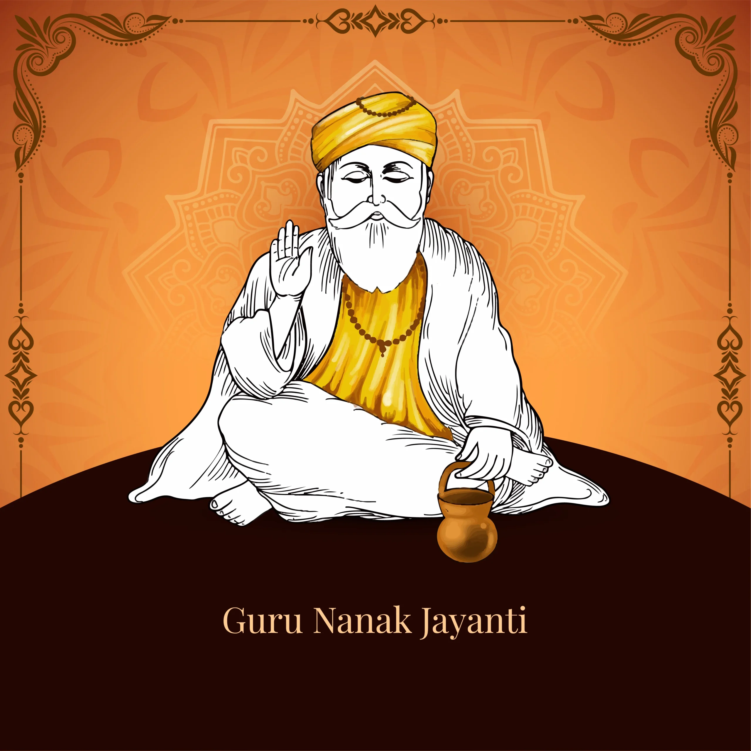 Illustration of a Sikh Guru in traditional attire, sitting with one hand raised in blessing. Background features an ornate mandala pattern, with "Guru Nanak Jayanti" written below. Warm, spiritual tone.