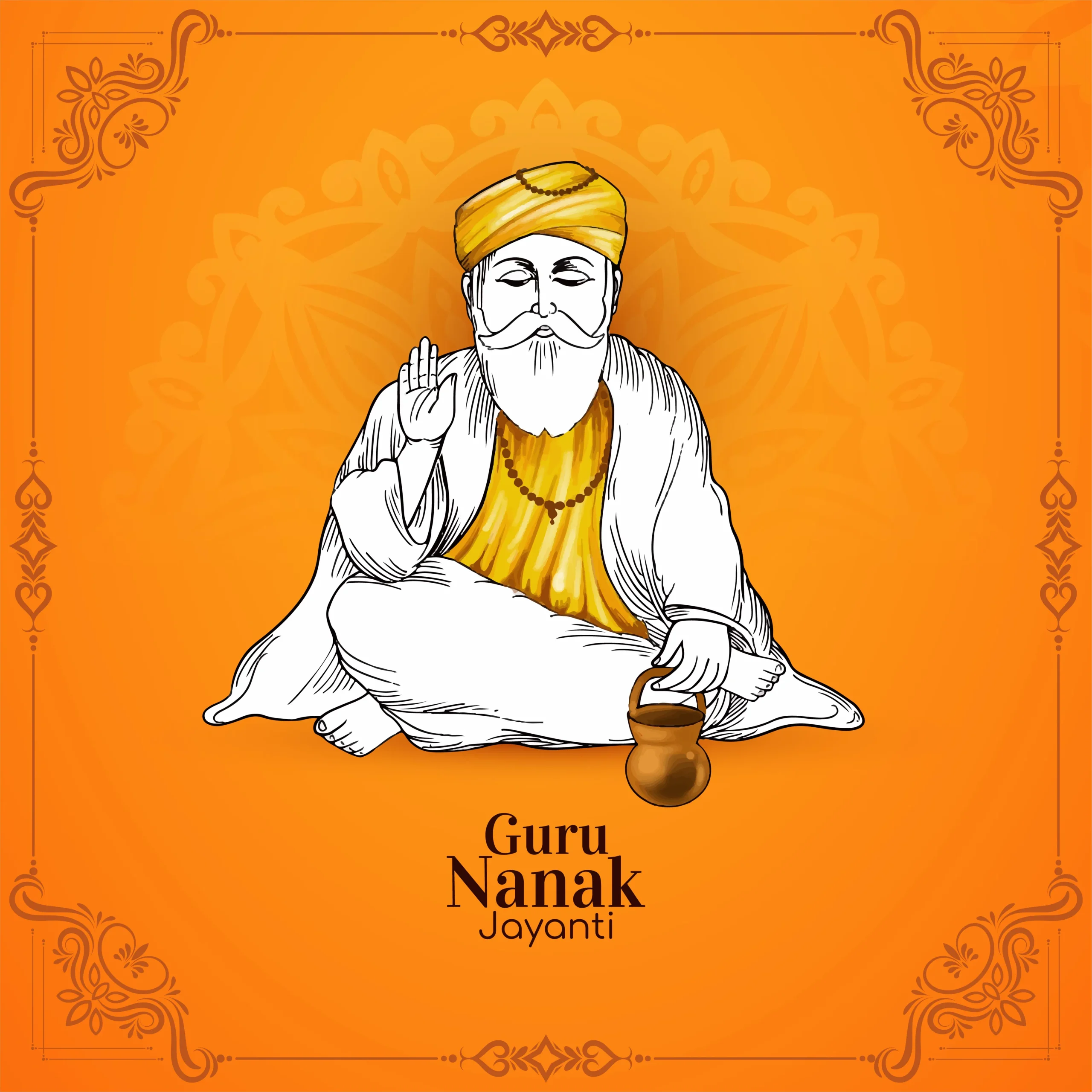 A serene illustration of a bearded figure wearing a yellow turban and robes, sitting against a radiant background, with a gesture of blessing.
