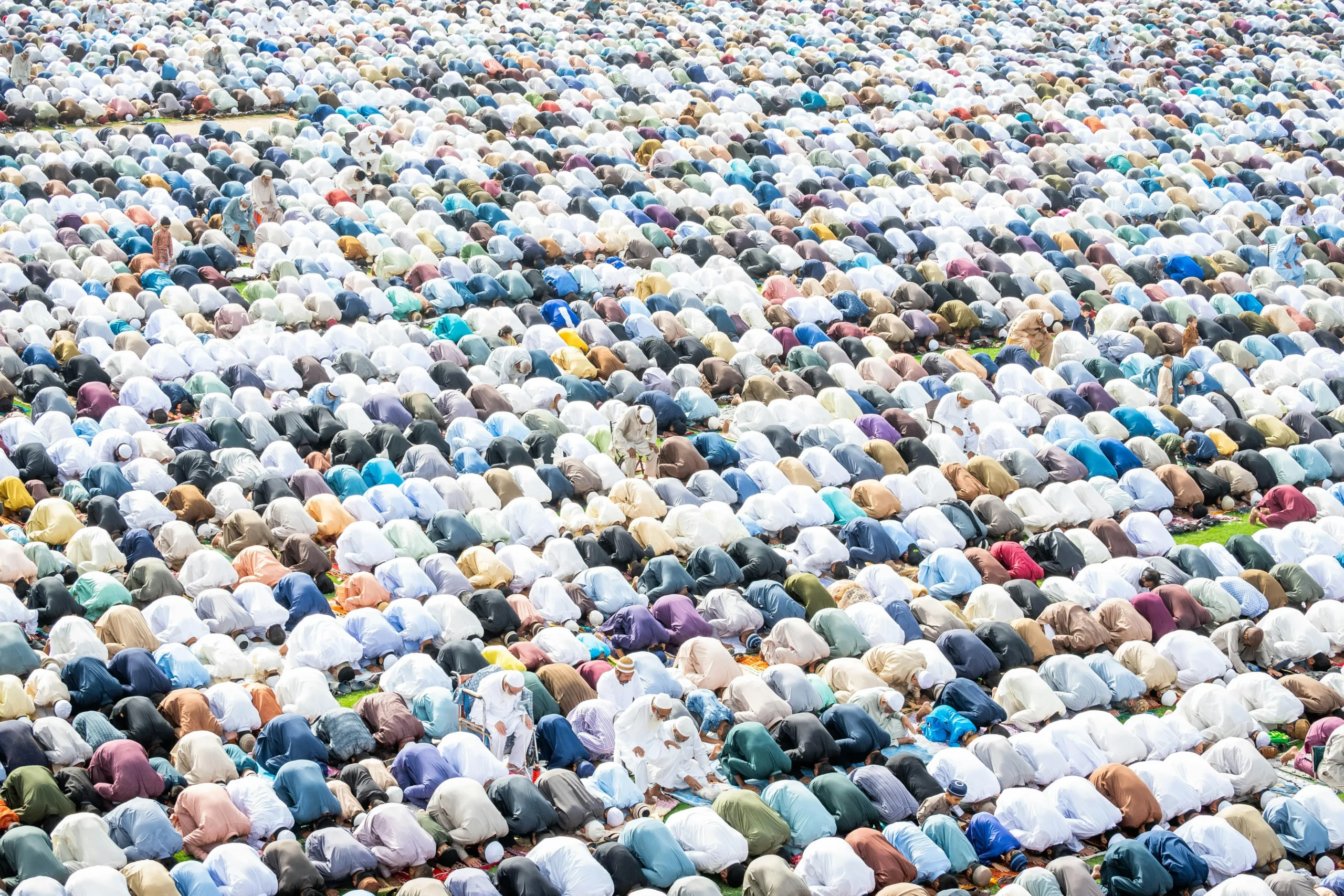 A large crowd seated on the floor of a mosque, celebrating Eid al-Fitr together in a communal gathering.