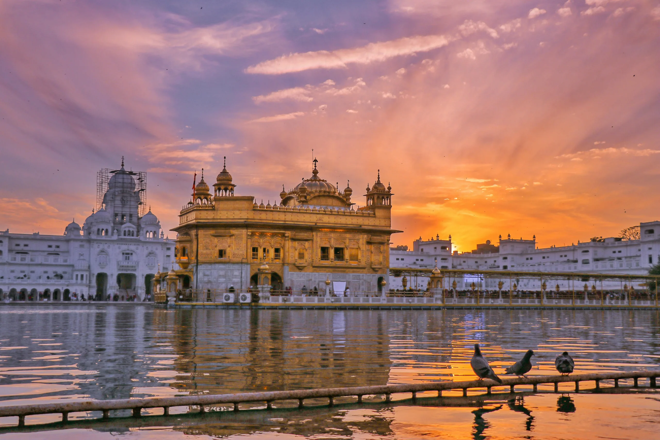 Golden Temple sunset Golden Temple at sunset with a vibrant sky, reflecting in the tranquil water. Three pigeons sit on a ledge, enhancing the serene atmosphere.