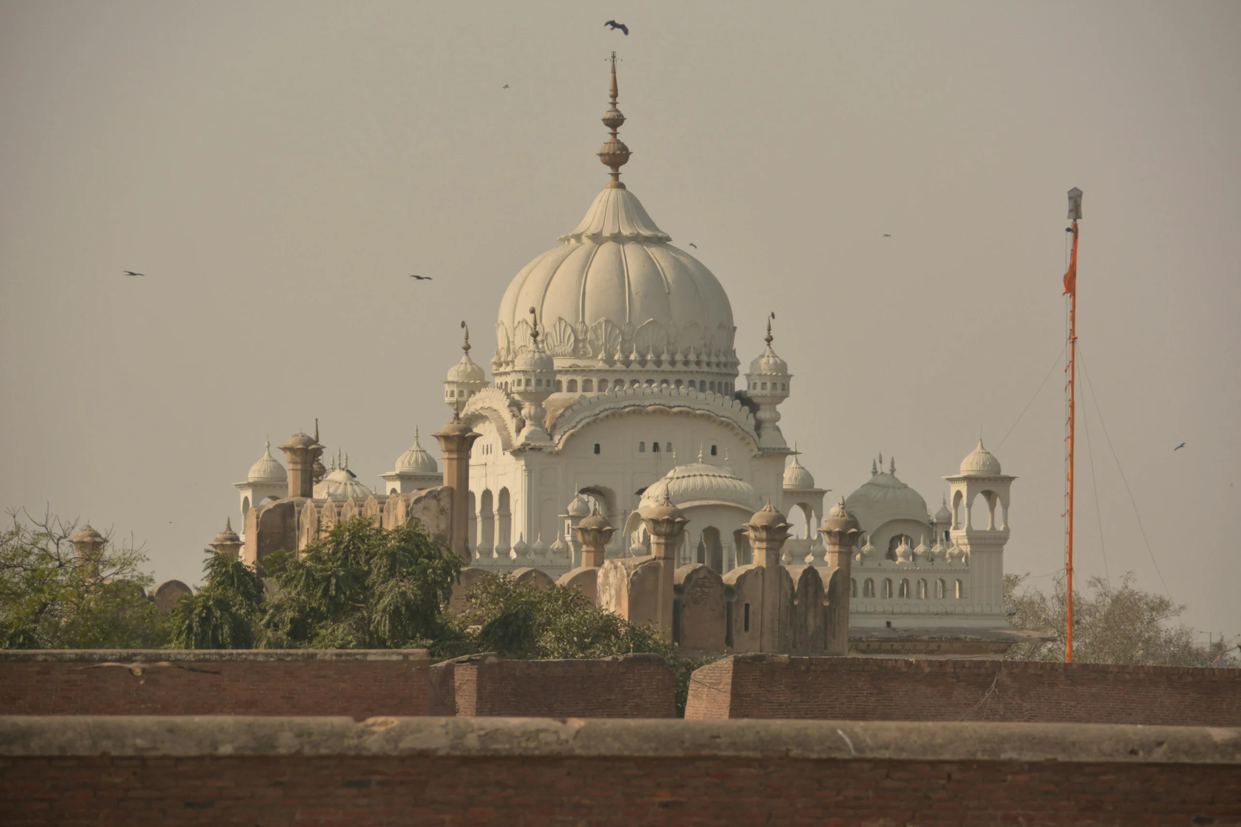 Gurudawara Majestic white domed temple with intricate carvings, surrounded by lush trees under a hazy sky. Birds soar above and an orange flag flutters nearby.