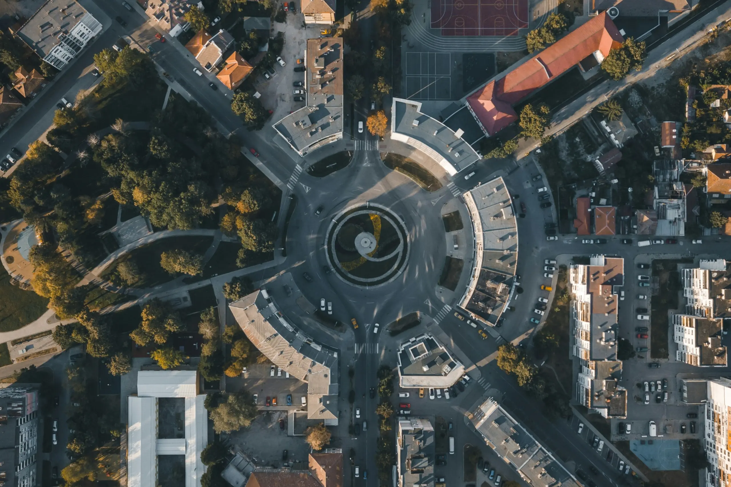 Aerial view of a Bulgarian city with streets, buildings, and urban layout